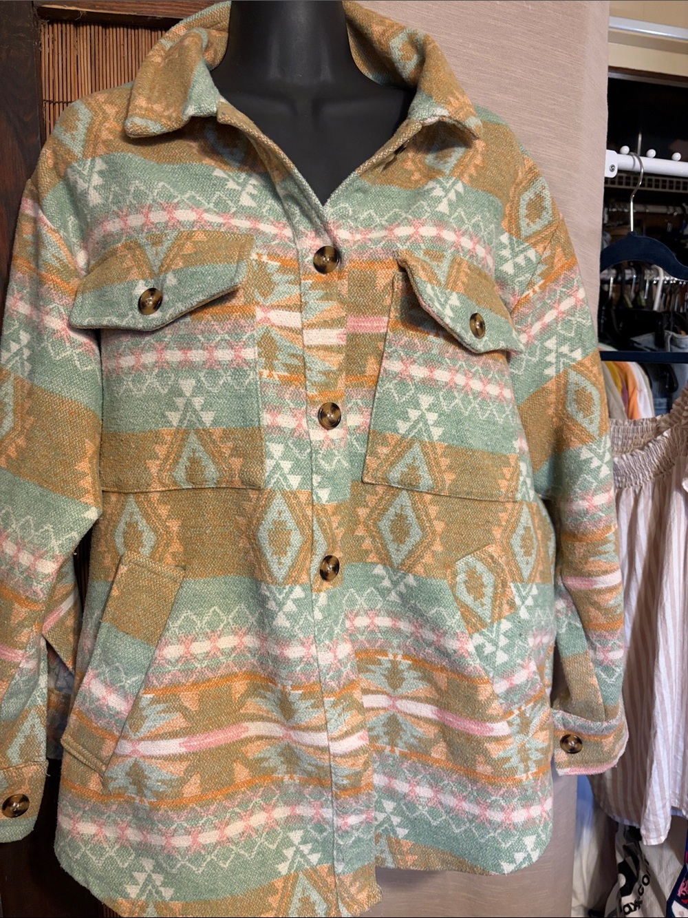 DAVI & DANI Sage, Camel & Soft Pink Aztec Utility Jacket